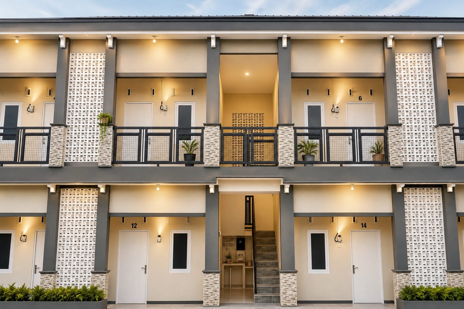 Tampak depan Askara Living di Klopogodo, Sruweng, Kebumen — bangunan dua lantai dengan balkon dan kamar bernomor
