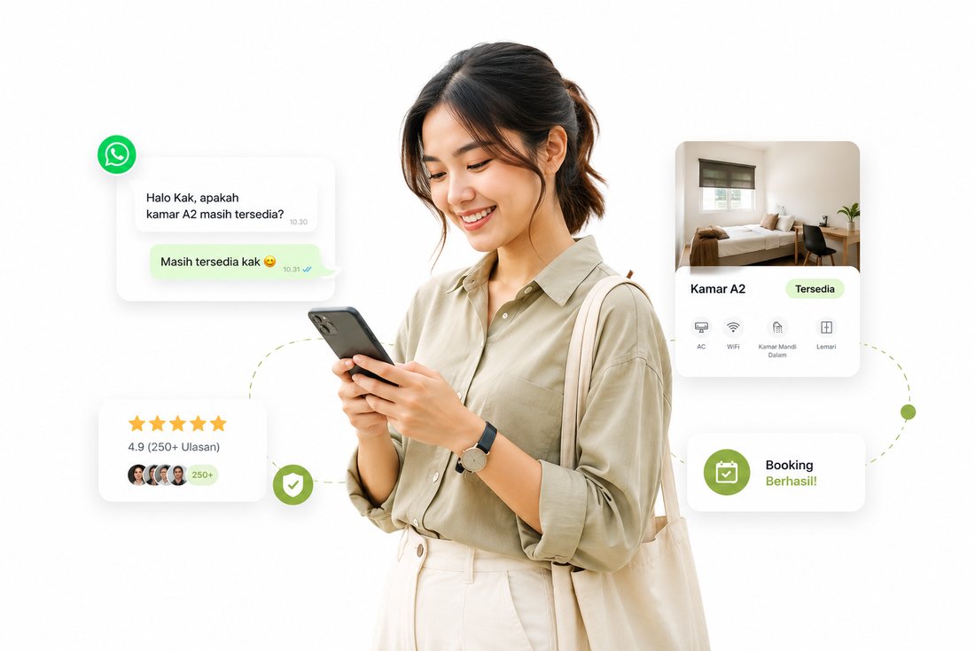 Calon penghuni memesan kamar Askara Living lewat WhatsApp di ponselnya